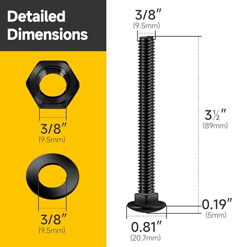 Mywish (50Sets) 3/8" x 3" Lag Bolts & (6 Sets) 3/8-16 x 3-1/2 Carriage Bolts Screws Round Head Square Neck and Hex Nuts & Flat Washers Full Threaded, 304 Stainless Steel 3/8 inch Lag Screws Bolts