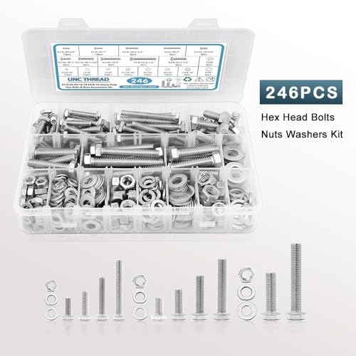 Stainless Steel Hex Head Nuts and Bolts Assortment Kit, 246PCS 1/4-20, 5/16-18, 3/8-16 Assorted Nuts Bolts and Flat & Spring Lock Washer with Box