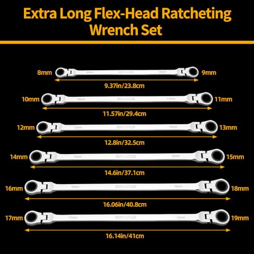 GRENPRO Extra Long Flex-Head Ratcheting Wrench Set, for Confined Spaces