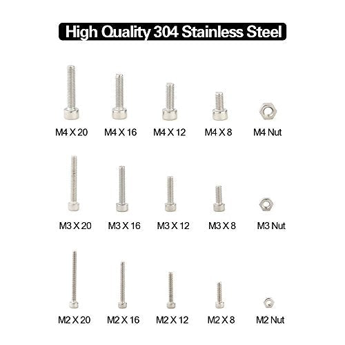 Hilitchi 420pcs M2 3 4 304 Stainless Steel Hex Socket Head Cap Screws Nuts Assortment Kit with Box (304 Stainless Steel)