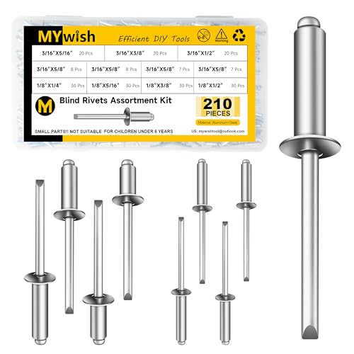 Mywish 155Pcs #8 Black Self Tapping Screws & 210Pcs Aluminum Steel Blind Pro Rivets Assortment Kit, 8 Sizes 3/16" 1/8" Aluminum Grip and Steel Mandrel Pop Rivets, Self Drilling Screws Assortment Kit