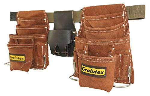 Graintex SS2975 20 Pocket Nail & Tool Pouch Set Brown Color Suede Leather with 2" Leather/Webbing Belt and Professional Measuring Tape Holder for Contractors, Electricians, Plumbers, Handymen