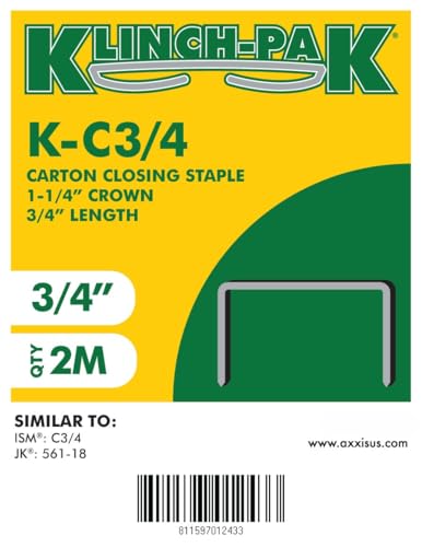 C-3/4,1-1/4" Crown by 3/4" Leg Length Carton Closing Stick Staple, 2000 per Package- SIM CC34, C34 or JK561, Ideal for Folding Boxes, Complete Overlap and Corrugated Cardboard Applications 1-1/4 crown x 3/4" leg length 2000.0