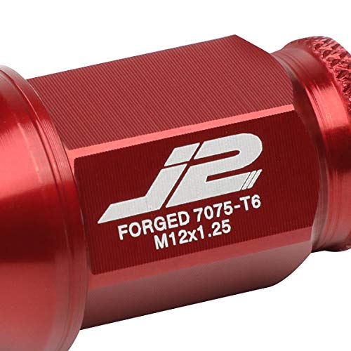 J2 Engineering 7075-T6 Aluminum M12 x 1.25 20Pcs 40mm Tall Open-End Lug Nut w/Socket Adapter Red
