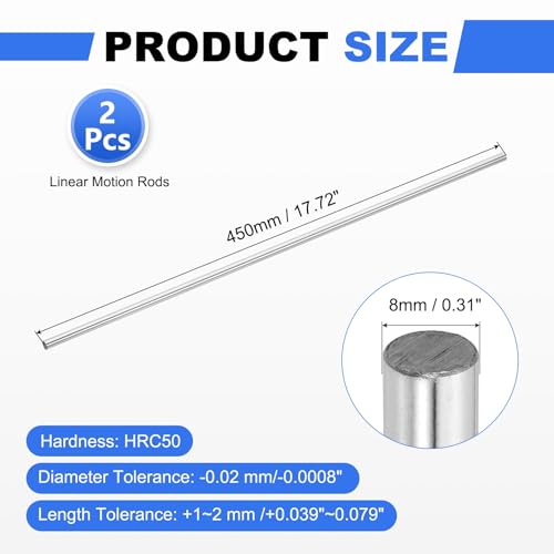 sourcing map 2pcs Linear Motion Rods 8mm x 450mm (0.31 x 17.72 Inches) HRC50 Hardened Chrome Plated Linear Rail Shaft Round Guide for 3D Printer, DIY, CNC Metric 8mmx450mm 2