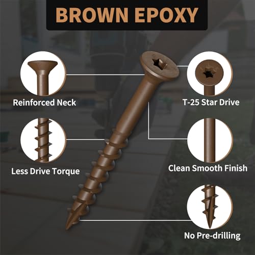 Wood Screws #8 x 2 310PCS #8 x 1-1/4 310PCS, FIXLINK Deck Screws, Epoxy Coated, T25 Star Bit Above 1500 Hour Salt Spray Coating Outdoor Decking Screws Excellent Rust Resistant for Wood Fence, Brown