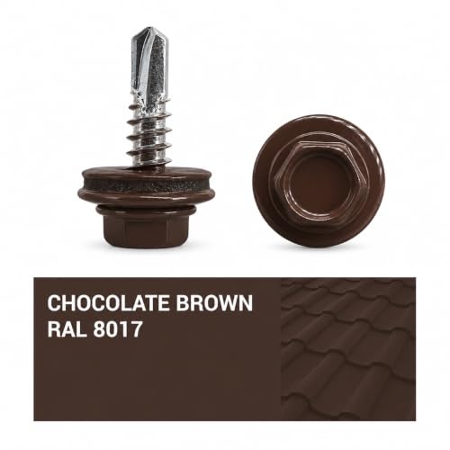 (Pack of 300) Metal Roofing Screws 3/16" x 3/4" (4.8 x 19 mm) Self-Drilling Screws with EPDM Washers Painted Hex Washer Tapping Screw Chocolate Brown RAL 8017 3/16" x 3/4"