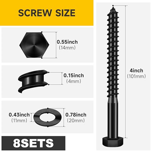 Mywish (8Sets) 3/8" x 4" Hex Head Lag Bolts & 100Pcs Pocket Hole Screws 2-1/2 Inch, Wood Screws #8 x 2-1/2" Washer Head Square Drive Self Tapping Pocket Screws, Lag Screws Wood Screws, Heavy Duty Lag