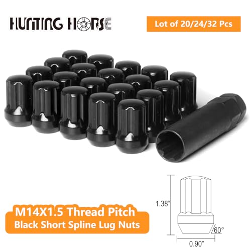 20 Pc M14x1.5 Short Spline Lug Nuts with 1 Pc 7 Spline Socket Key Replacement for Chevy Camaro SS ZL1 LT Mustang GT EcoBoost Cobra, Black 20