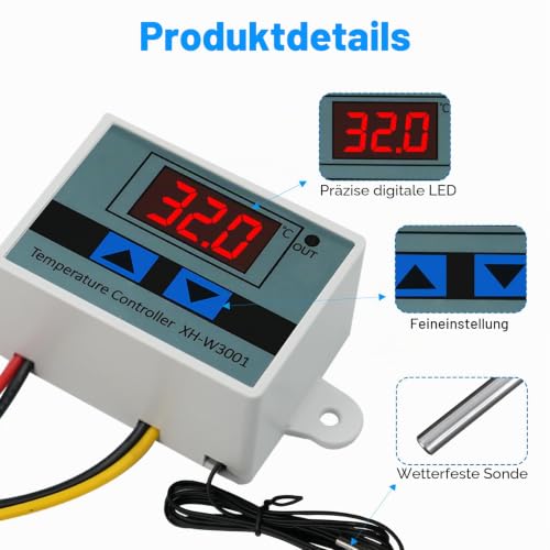 Digital LCD Display Temperature Controller XH-W3001, DC 12V 120W Thermostat Switch with Waterproof Probe Microcomputer Thermostat