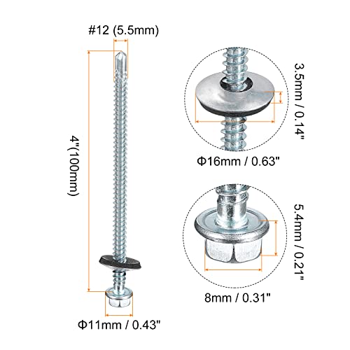 uxcell #12 x 4 Self Drilling Screws with Rubber Washer, 100pcs Zinc Plated Steel Roofing Screws Hex Head Self Tapping Screws with EPDM Washer for Metal to Metal #12 x 4" 100