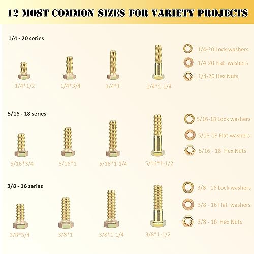 ZTF Bolts and Nuts Assortment Kit，1/4-20 5/16-18 3/8-16 SAE Nuts and Bolts gold-1/4-20 5/16-18 3/8-16 Sae bolts