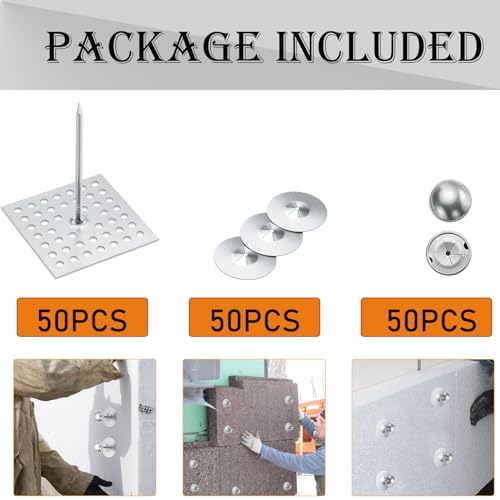 150pcs Perforated Insulation Pins 2-1/2 Inch, 1.5 Inch Self Locking Washers Round 7/8in Aluminum Insulation Hangers Cap Washers for Foam Board Wall Floor Ceiling (50 Set / 150 Pieces) 50