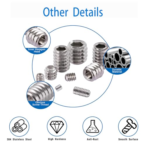 AXK 666Pcs Flat Point Set Screw Stainless Steel Hexagon Socket Grub Screw Kit M2 M3 M4 M5 M6 M8 Headless Screw Set Assortment Kit 666PCS Stainless Steel