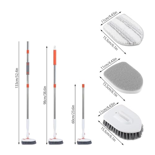 3 in 1 Tub Tile Scrubber Brush, with 133cm Adjustable Long Handle and 4 Detachable Replacement Brush Heads for Cleaning Bathroom Kitchen