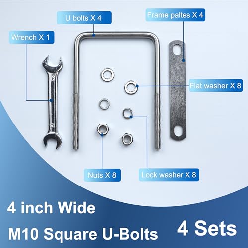 4 Pcs M10 Square U Bolts 4 Inch Wide, 3/8" x 4"W x 6" L M10 x 4"W x 6"L
