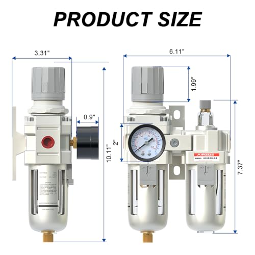 AIRZOE 1/2" NPT Air Dryer and Air Filter Regulator Lubricator Combination-5 Micron Brass Element,0-150 PSI Brass Gauge,AF4000-04,AC4010-04