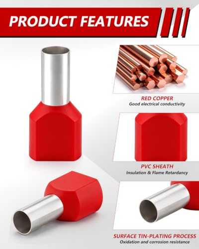 Twin Wire End Ferrules 10 mm² x 14 mm Insulated Cable End Ferrules Pack of | Double wire end ferrules PVC cable sleeves made of tin-plated copper 10mm² 14mm 25