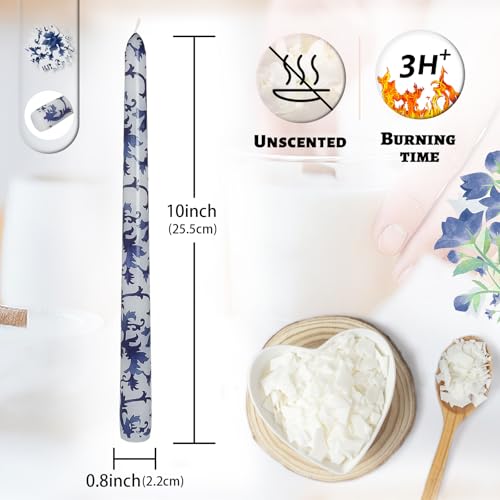 24Pcs Candle Sticky Dots & 4Pcs 10 Inch Blue White Floral Spiral Taper Candles, Unscented Tapered Candlesticks Set for Wedding Home DIY