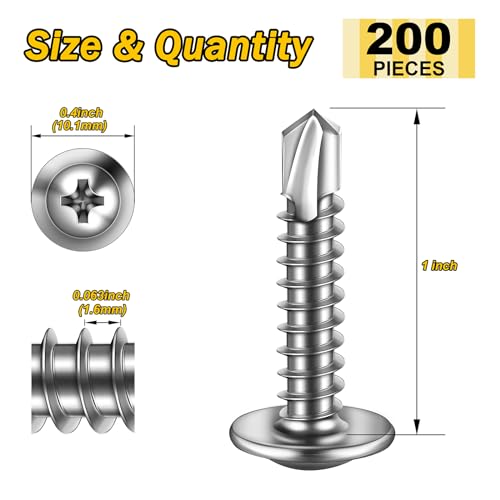 Mywish 200pcs #10×1" Self Tapping Screw for Metal & 200pcs #10×1" Self Tapping Screws for Metal, 410 Sheet Metal Screws, Stainless Steel Self Tapping Screws Truss Head Self Drilling Screws High-Stren