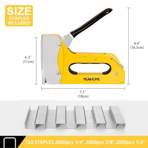 YEAHOME T50 Heavy Duty Staple Gun Kit, Upholstery Staple Gun with 6000 T50 Staples of 1/4, 3/8, 1/2 Inch, Manual Stapler Gun for Wood, Crafts, Wall, DIY & Professional Use Yellow, T50 Staple Gun, with 6000 Staples