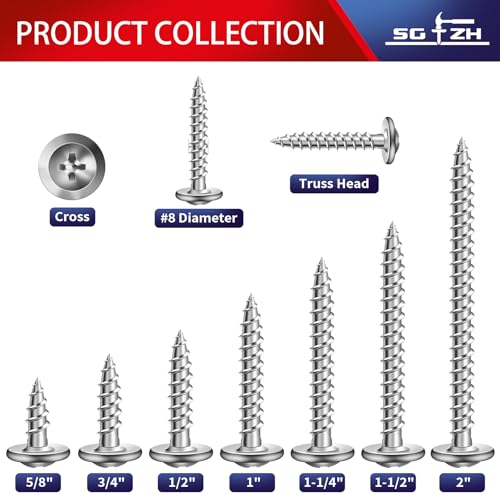 #8 x 1-1/2" Wood Screw 500Pcs 410 Stainless Steel Standard Thread Truss Head Fast Self Tapping by SG TZH #8 x 1-1/2" Silver - Stainless Steel 500