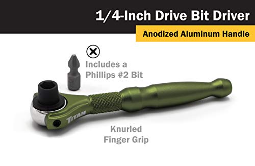 Titan Tools 11325 1/4-Inch Drive x 4-Inch 90-Tooth Swivel Head Micro Ratcheting Bit Driver - Green Swivel Head - Green
