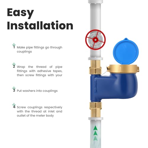 DN15 Vertical Water Meter with 1/2" NPT Couplings, Heavy Brass Cold Water Meter Measuring in Gallon, AWWA 708 Certification for Garden/Home/Apartment. 1/2" Cold, cu m,gal