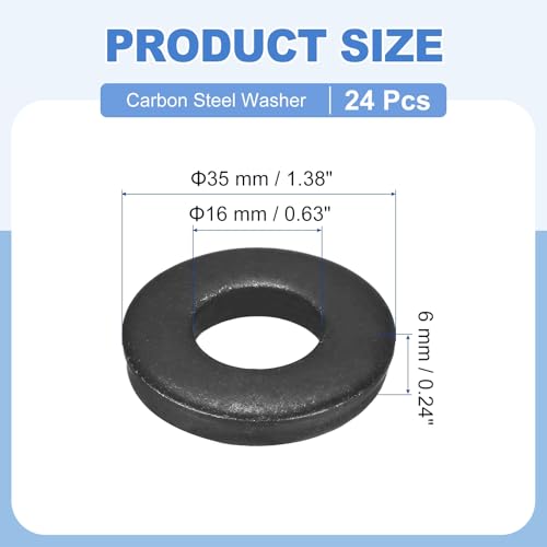MECCANIXITY 24pcs 5/8" Black Flat Washer for M16 Screw, Steel Metal Washers 16mm ID 35mm OD 6mm Length for Industrial, Screws Bolts M16 x 35mm x 6mm