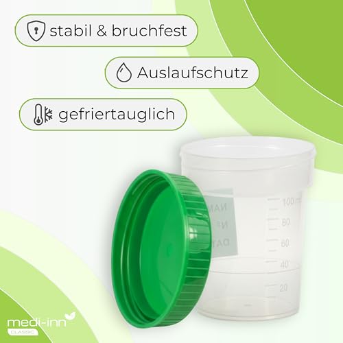Urine Beaker - 4.23fl oz - Urine Cup with Screw On Lid - Color Green - Urine Sample Cup - Urine Cup - Plastic Cup by Medi-Inn - Green, 10 Pieces