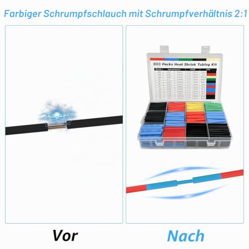 Lectorias 800 Piece Heat Shrink Tube Set, Heat Shrink Tube, Insulation Tube Cable, 5 Colors 12 Sizes, 2:1 Shrink Ratio, for Electrical Insulation and Wire Connections