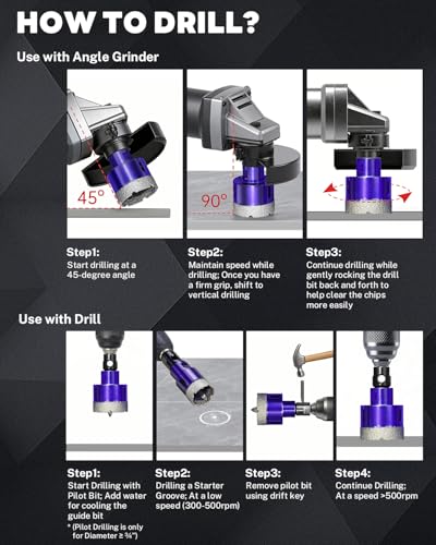 9 PCS Diamond Hole Saw Kit with Pilot Bit Adapter, 1/4" - 1 3/8" Thickened Diamond Core Drill Bit Set, Includes Tile Shaping Rod, for Porcelain, Ceramic, Granite, Marble, Stone 9 PCS-1/4",3/8",1/2",3/4",1-3/8"