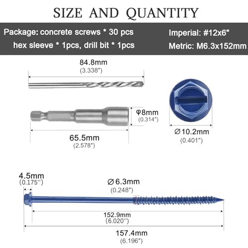 #12x6 Blue Slotted Hex Washer Concrete Screws 30pcs HS/ZGLS-09 #12 x 6"