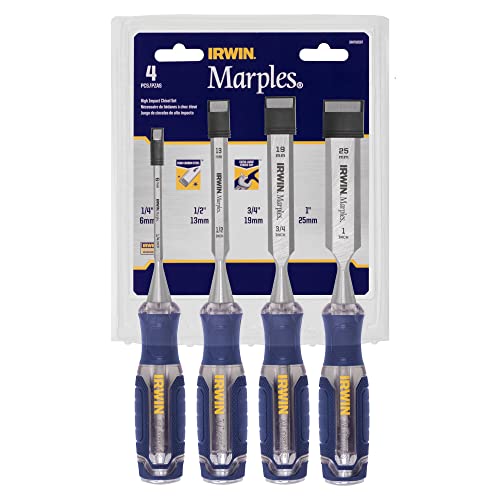 IRWIN Chisel Set, Woodworking, 4-Pack, Extra-Long Strike Cap, Strong & Durable Steel Core (IRHT82507) 1/2 to 2 inches