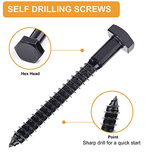 1/4" Hex Lag Bolts Stainless Steel 18-8 (304), VIGRUE 108PCS Black Oxidized, Hex Lag Screws Heavy Duty Wood Screws Washers Assortment Kit, Length Include 1" 1-1/2" 2" 2-1/2" 3" 1/4 x 1" to 3"