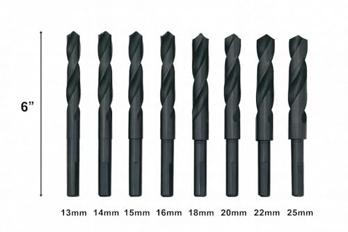VCT 8-Piece Silver Deming Drill Bit Set – Metric Sizes 13mm to 25mm 1/2" Shank High-Speed Carbon Steel Fully Ground Precision Metal Drilling Wood Storage Case Included