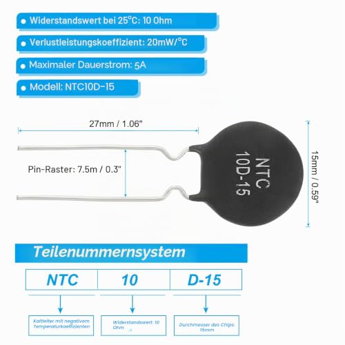 PATIKIL NTC Thermistors Resistors 10 Pieces 10 Ohm NTC10D-15 Highly Sensitive Current Limiter Temperature Sensor for Measuring Temperature Black