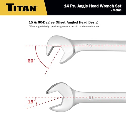 Titan 17284 14-Piece Metric Angle Head Open End Wrench Set, Sizes from 6mm to 19mm, V-Groove Design, Chrome Vanadium Steel Construction