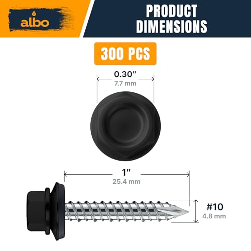 ALBO 300 Pcs #10 x 1 Black Metal Roofing Screws, EPDM Washers #10x1"