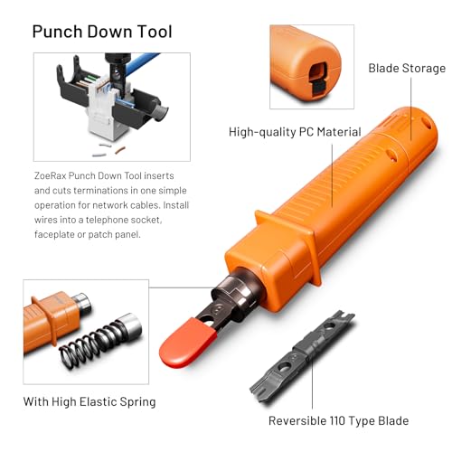 Network Tool Kit, ZOERAX 11 in 1 Professional RJ45 Crimp Tool Kit - Pass Through Crimper, RJ45 Tester, 110/88 Punch Down Tool, Stripper, Cutter, Cat6 Pass Through Connectors and Boots Network Tool Kit (11-in-1)