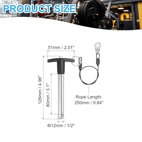 PATIKIL 1/2"(12mm) Diameter 304 Stainless Steel Quick Release Pin, Usable Length 3.1"(80mm) Push-Button t Handle Lock Pins with 25cm Lanyard Cable M5 Screw, Silver 1/2" x 3.1"
