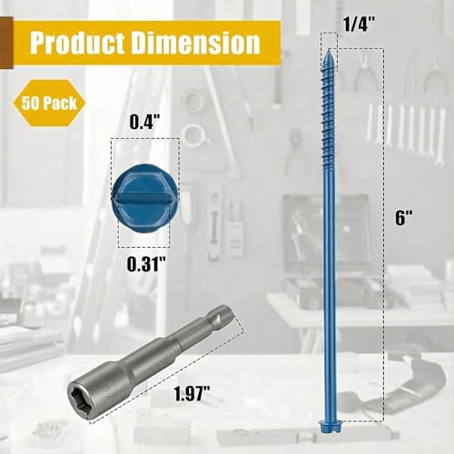 1/4'' x 6'' Hex Head Concrete Screw Anchor 50pc, Slotted Concrete Screw with Screwdriver, Masonry Screw for Concrete Brick Block and Wood Fastening 1/4" x 6" hex head *50
