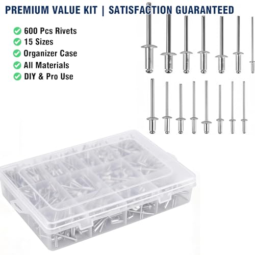 Aluminum Pop Rivets Assortment Kit for Metal, Wood, PVC, Automotive & DIY Projects,3/32" 1/8" 5/32" 3/16" 1/4" Blind Rivets Set with Dome Head - 600 Pcs 15 Sizes, Remaches Para Metal