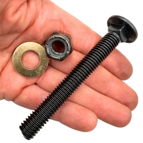 1/2"-13 x 4 Grade 8 Carriage Bolts (10-Pack) – Heavy-Duty Coarse Thread Bolts with Washers and Nylon Lock Nuts – Round Head Square Neck SAE J429 4.0" Plain Black Finish Bolts, Washers, Nuts 10