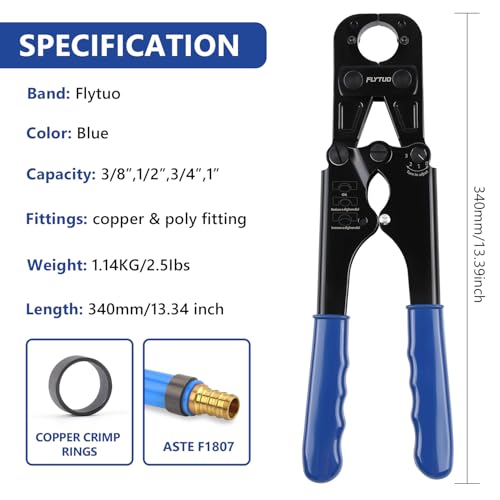 Combo PEX Crimping Tool Set with 1" Fixed Jaw and 3 Interchangeable Jaws in 1/2" 3/4" 3/8" for Copper Crimp Rings(4 Sizes in Total), Includes Go/No-Go Gauge, Complies with ASTM F1807 Standard 1'' Crimper with 1/2'' 3/4'' 3/8'' Jaws