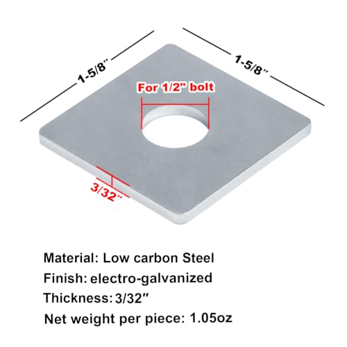50 Pack Square Washers for 1/2" Bolt,1-5/8"x 1-5/8" 1.57 inches