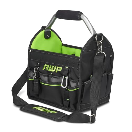 AWP 12 Inch Pro Tool Tote with Rotating Handle for Easy Tool Access, Water-Resistant Construction & Organizer Tool Pouch | 7 Pockets & Loops for Tool Organization
