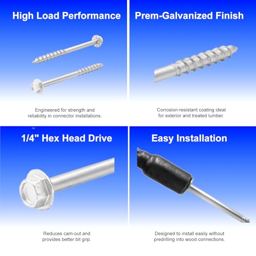 VCTGAM® SD Connector Screws SD9212R200 – 9 x 2-1/2", 1/4" Hex Head, Structural Framing Joist Hanger Screws, Prem-Galvanized High-Strength Corrosion & Deformation Resistant Wood Screws, (200-Qty) 200