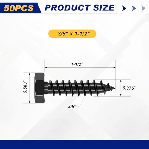 Zonon 50 Pcs 3/8'' X 1-1/2'' Hex Head Lag Bolts Screws with Washers, Black 3/8'' X 1-1/2''