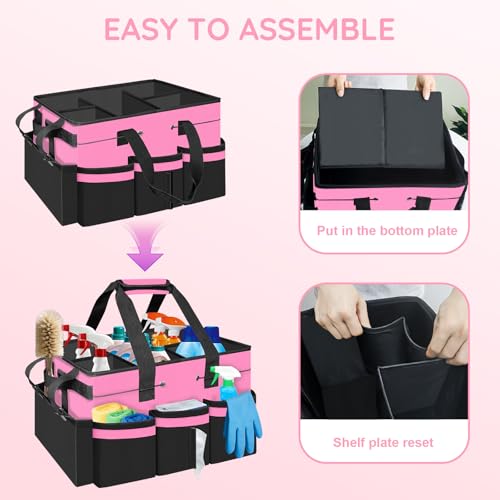 ZKOO Large Cleaning Caddy Bag with Handle, Portable Cleaning Supply Organizer Tote with Sturdy Support Board Adjustable Shoulder Strap, Multi-Compartment Storage for Housekeepers, Maids Cleaners, Pink